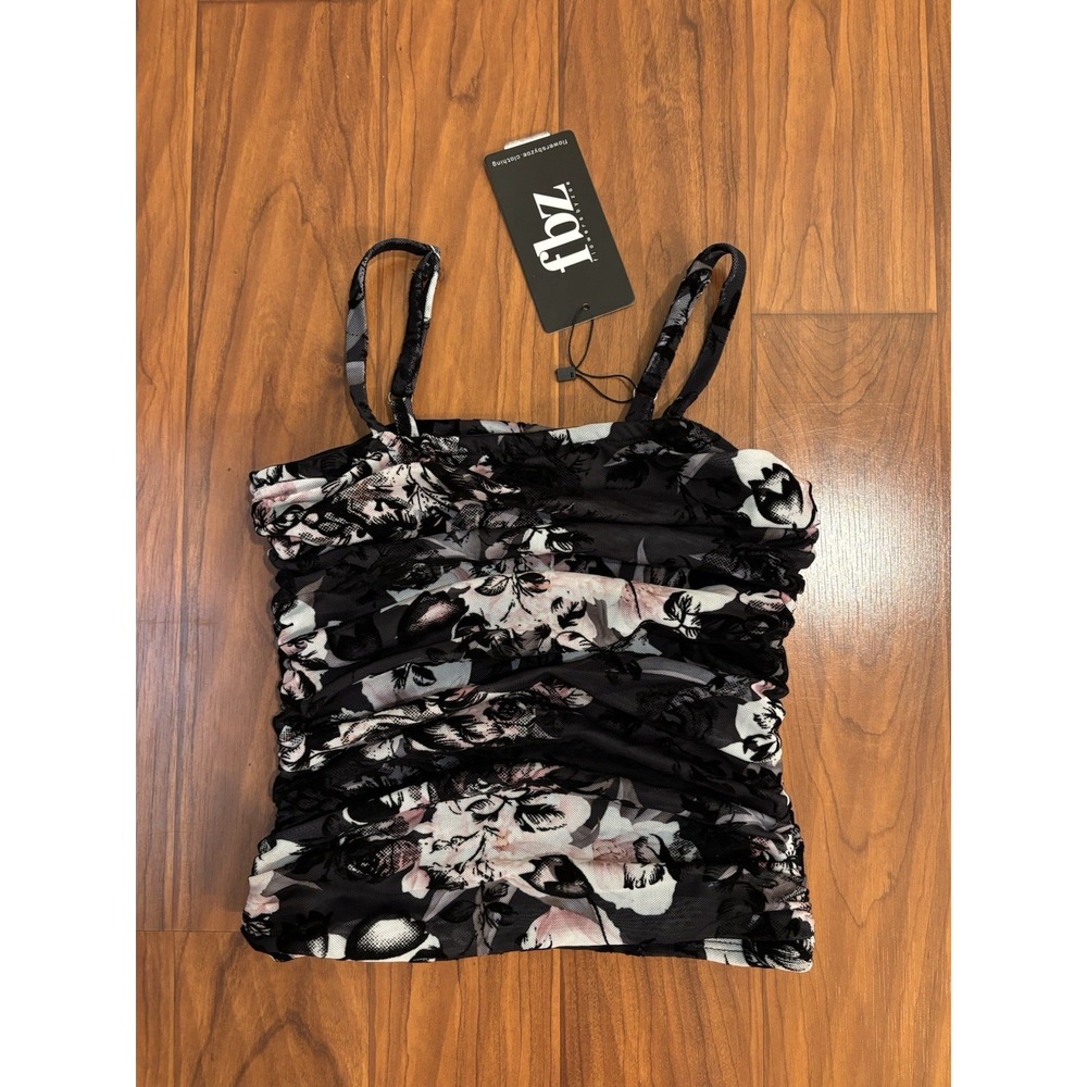 NWT Flowers by Zoe Floral Ruched Mesh Flock Tank Top Black Pink Girls Small